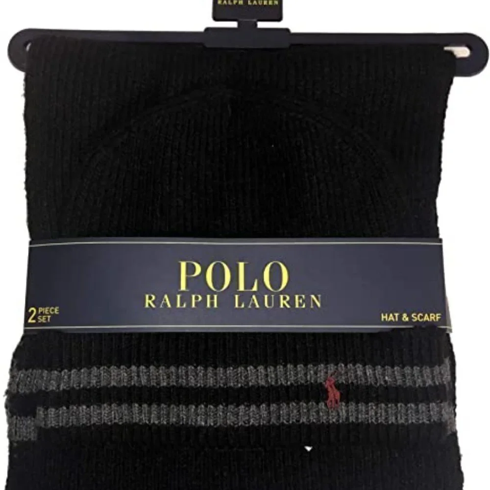 Polo Ralph Lauren Men's Black 2 Piece Set Hat & Scarf Lambswool Blend